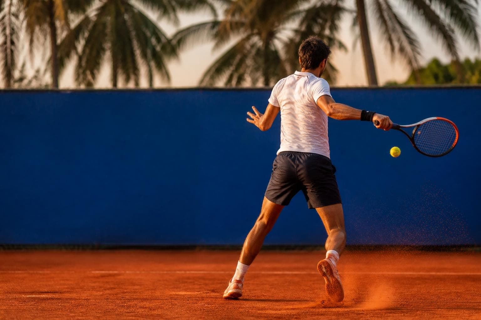 Tenista de costas batendo forehand em quadra de saibro com muro azul (imagem ilustrativa)